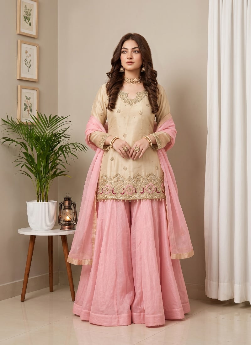 Cream and Pink Sequins Embroidered Silk Palazzo Suit After Six Wear