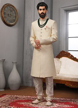 Cream Art Benarasi Silk Embroidered Classic Sherwani