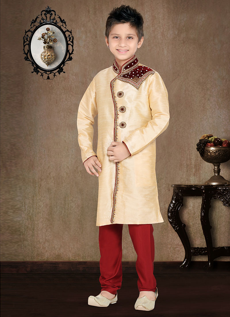 Cream Art Dupion Silk Kids Kurta Pyjama
