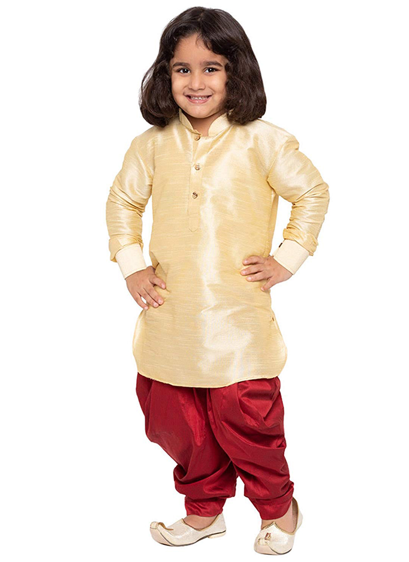 Cream Art Dupion Silk Kurta Dhoti Set