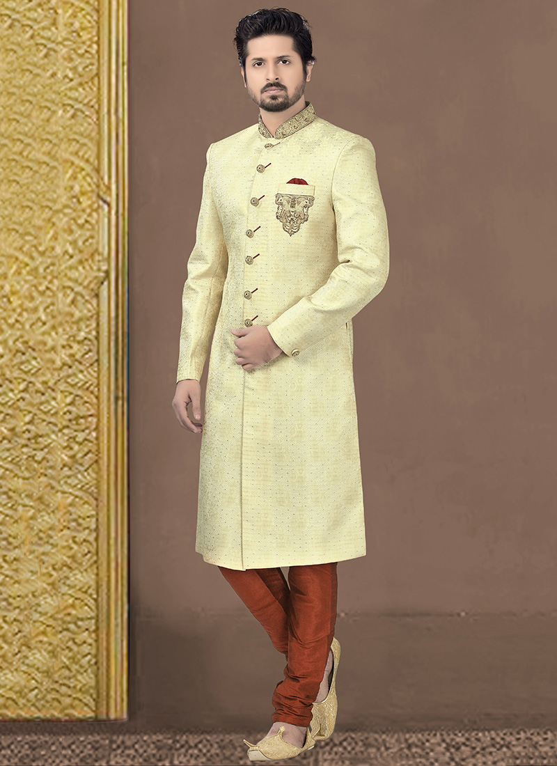Buy Cream Art Silk Achkan Sherwani 