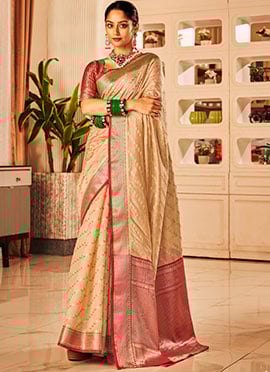 Cream Art Silk Banarasi Saree