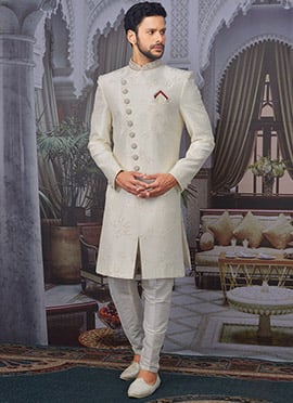 Cream Art Silk Banarasi Indowestern Sherwani