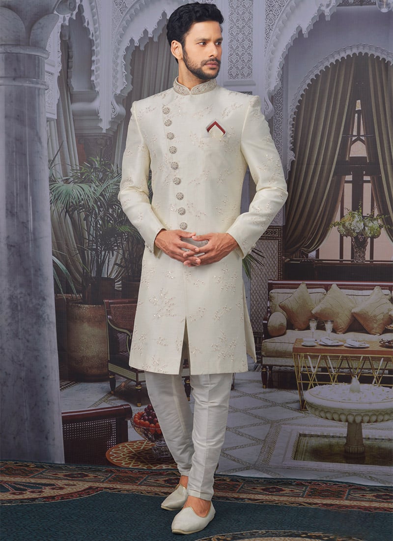 Cream Art Silk Banarasi Indowestern Sherwani Party Wear