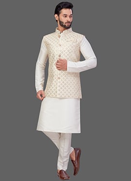 Cream Art Silk Brocade Bandi Set