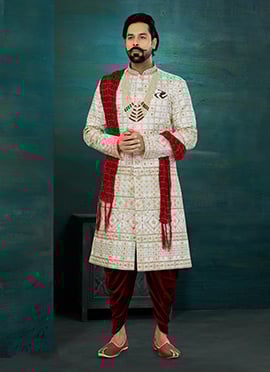 Cream Art Silk Classic Sherwani