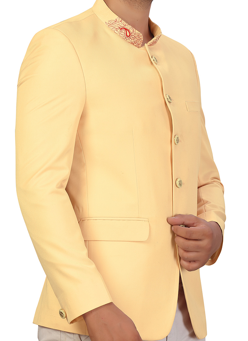 Buy Cream Art Silk Collar Embroidery Bandhgala Jacket, Embroidered
