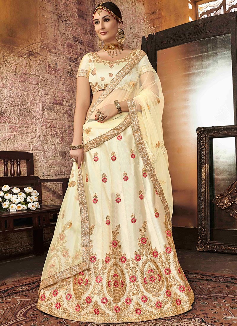 Cream Art Silk Embroidered A Line Lehenga Wedding Wear