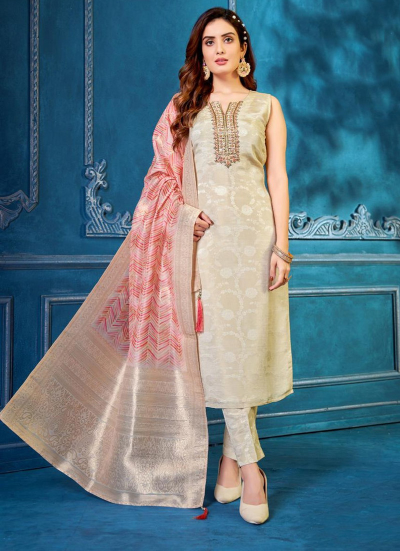 Shop Cream Art Silk Embroidered Straight Pant Suit Party Wear Online at