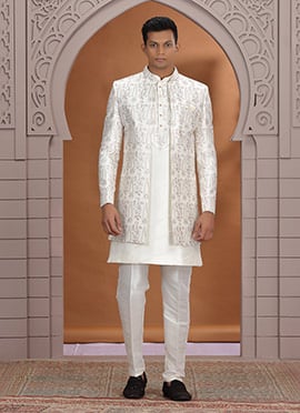 Cream Art Silk Embroidered Zari Sequins Indowestern Sherwani