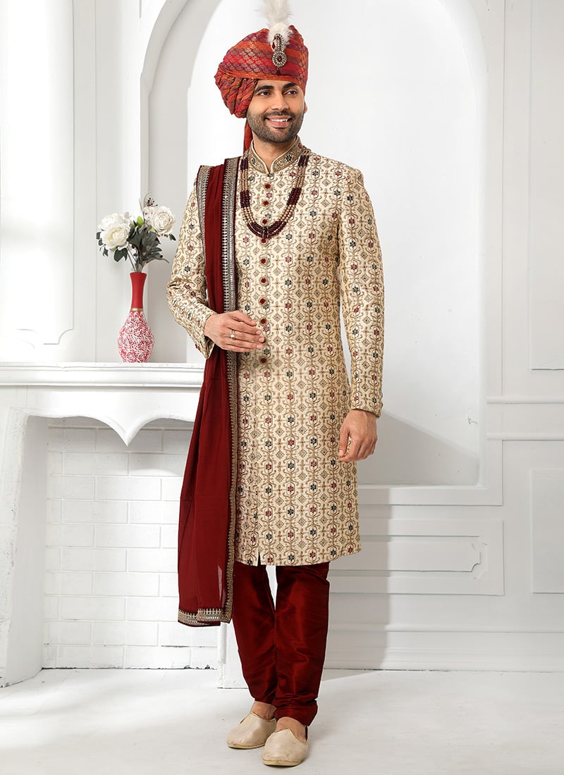 Cream Art Silk Hand Embroidery work Classic Sherwani