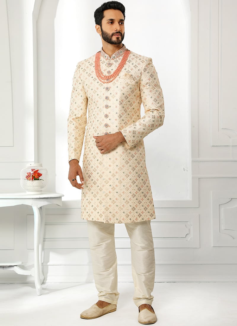 Cream Art Silk Hand Embroidery work Classic Sherwani Party Wear