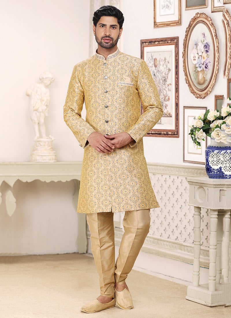 Cream Art Silk Indowestern Sherwani