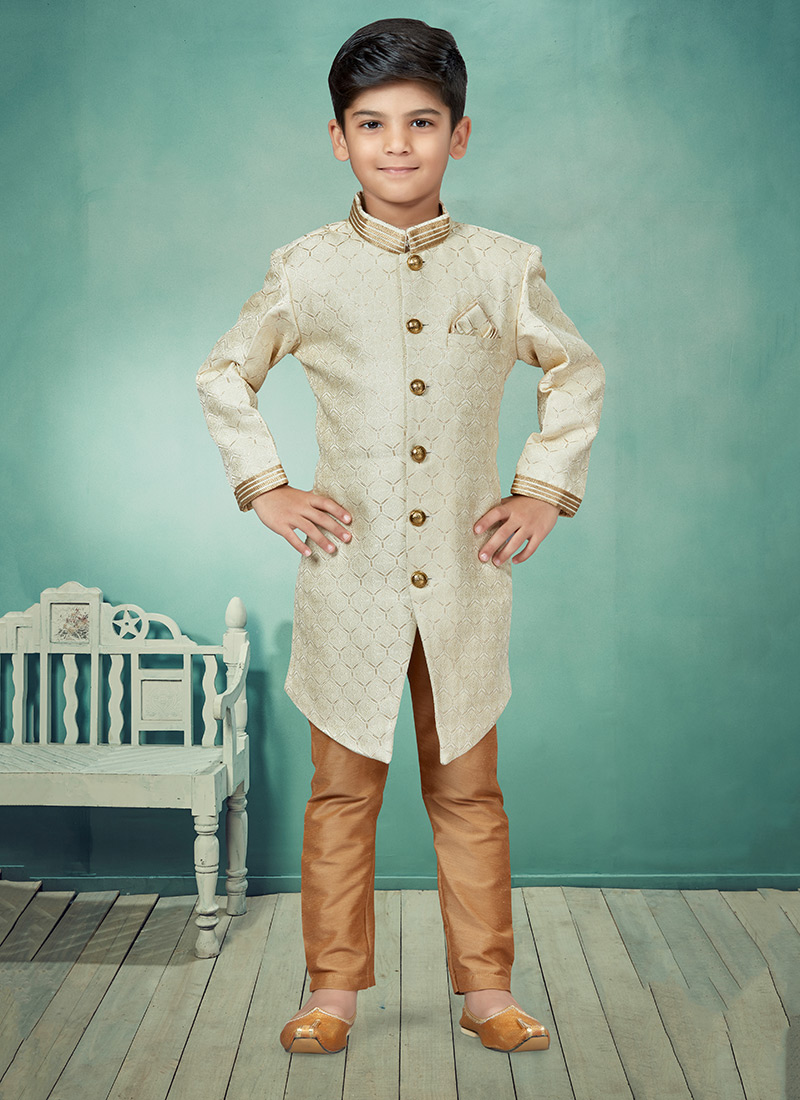 Cream Art Silk Jacquard Indowestern Sherwani Party Wear