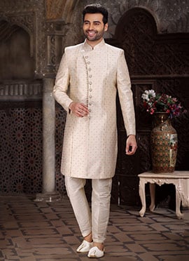 Cream Art Silk Jacquard Indowestern Sherwani
