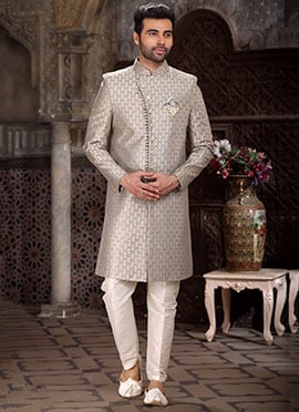Cream Art Silk Jacquard Indowestern Sherwani