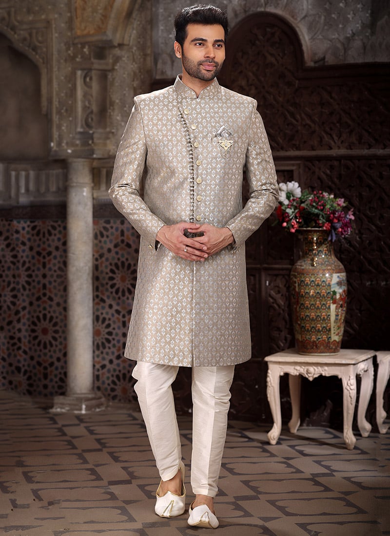 Cream Art Silk Jacquard Indowestern Sherwani
