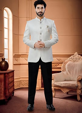 Cream Art Silk Jacquard Suit