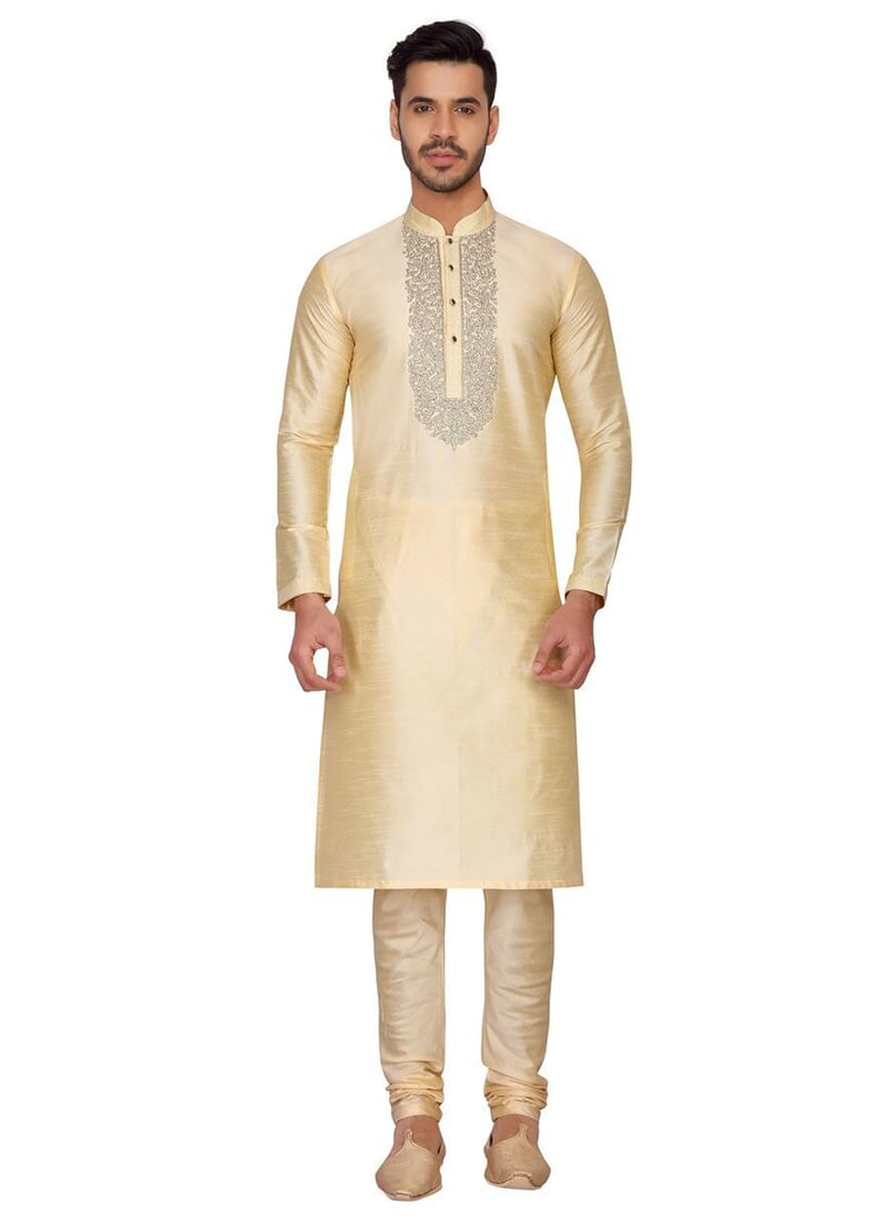 Cream Art Silk Kurta Pyjama