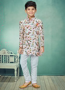 Cream Art Silk Printed Indowestern Sherwani