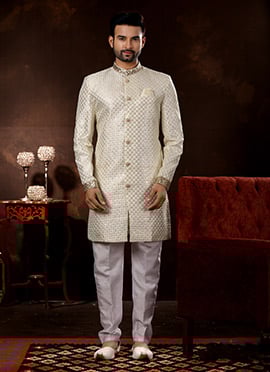Cream Art Silk Sequins Classic Sherwani