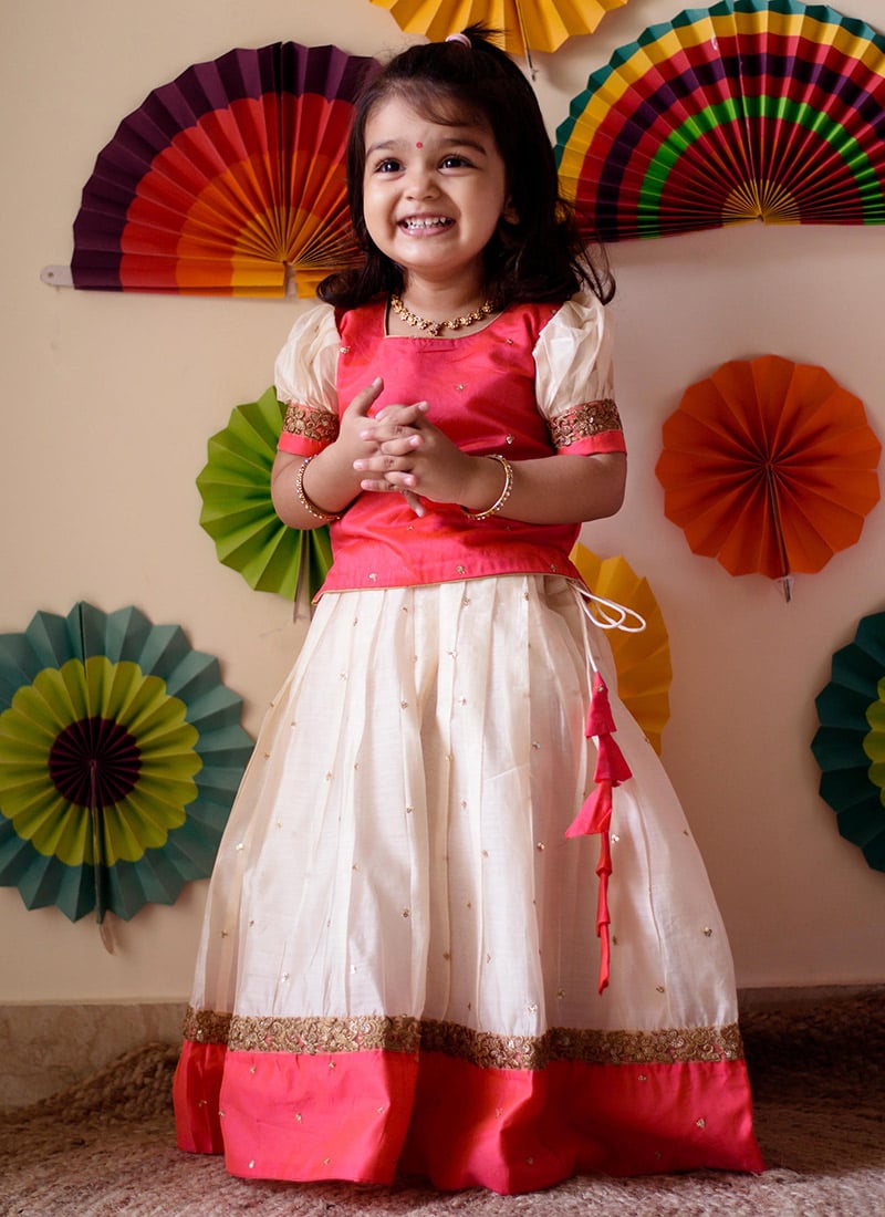 Cream Art Silk Sequins Kids Girls With Round Neck And Half Sleeve Party Wear