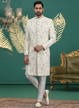 Cream Art Silk Sequins Thread Hand Embroidered Indowestern Sherwani Wedding Wear
