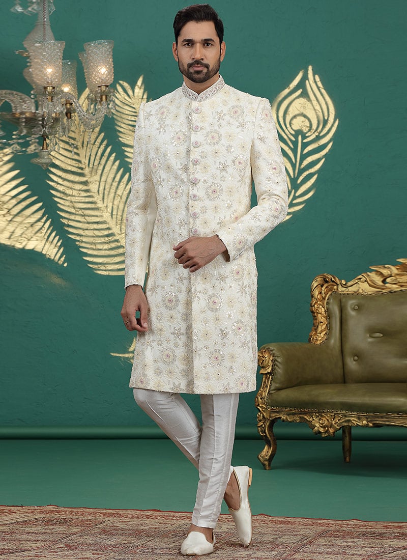 Cream Art Silk Sequins Thread Hand Embroidered Indowestern Sherwani Wedding Wear