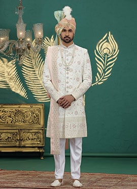 Cream Art Silk Sequins Thread Hand Embroidered Indowestern Sherwani Wedding Wear