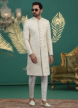 Cream Art Silk Sequins Thread Hand Embroidered Indowestern Sherwani Wedding Wear