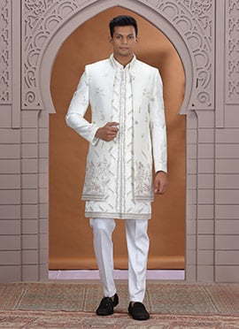Cream Art Silk Stones Embroidered Beads Indowestern Sherwani