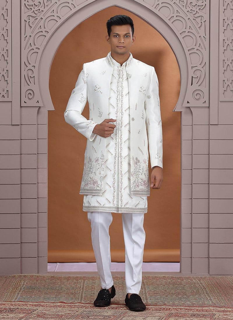 Cream Art Silk Stones Embroidered Beads Indowestern Sherwani Wedding Wear