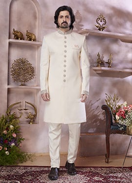 Cream Art Silk Thread Hand Work Indowestern Sherwani