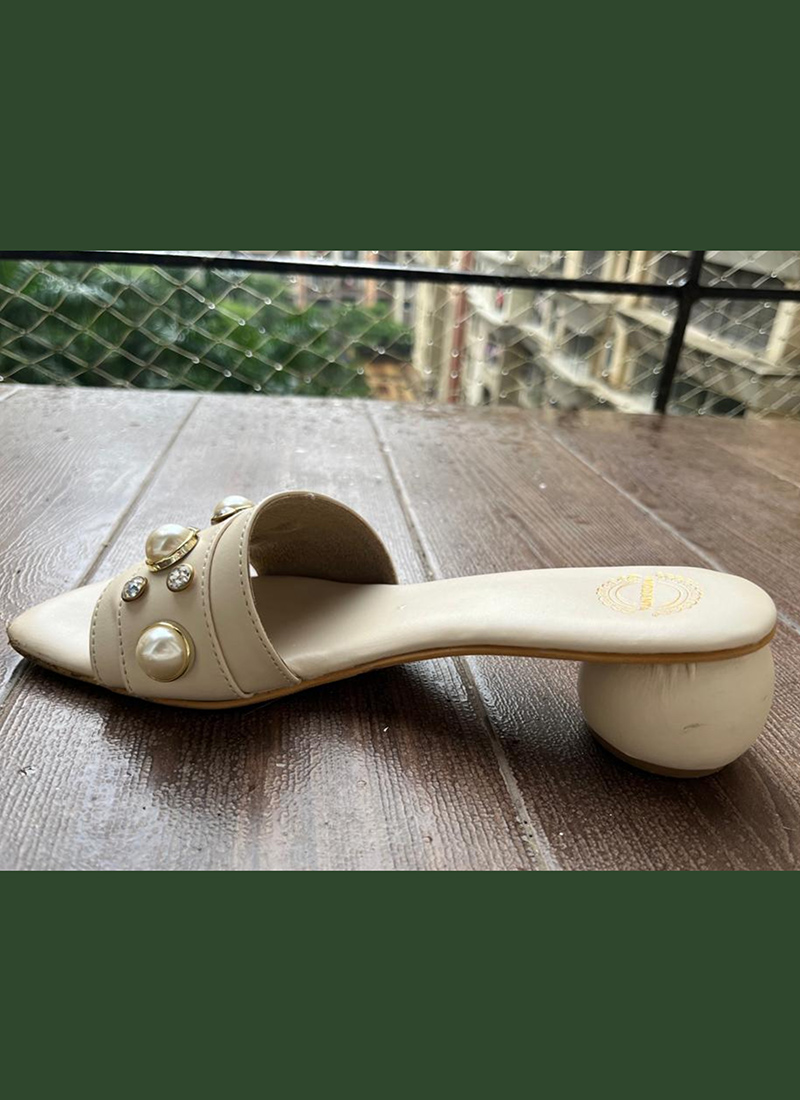 Shop Cream Artificial Leather Pearl Embellished Block Heels Online at