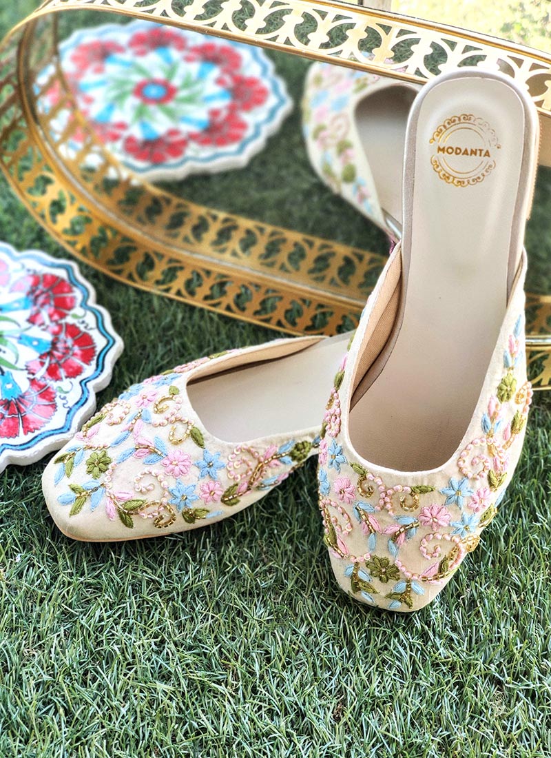 Shop Cream Artificial Silk Floral Embroidered Flats Online at Best