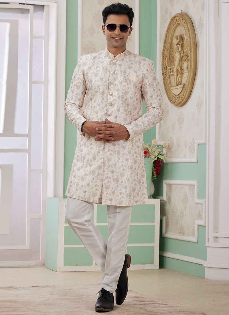 Cream Banarasi Jacquard Digital Print Indowestern Sherwani Festive Wear