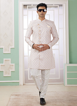 Cream Banarasi Jacquard Digital Print Indowestern Sherwani