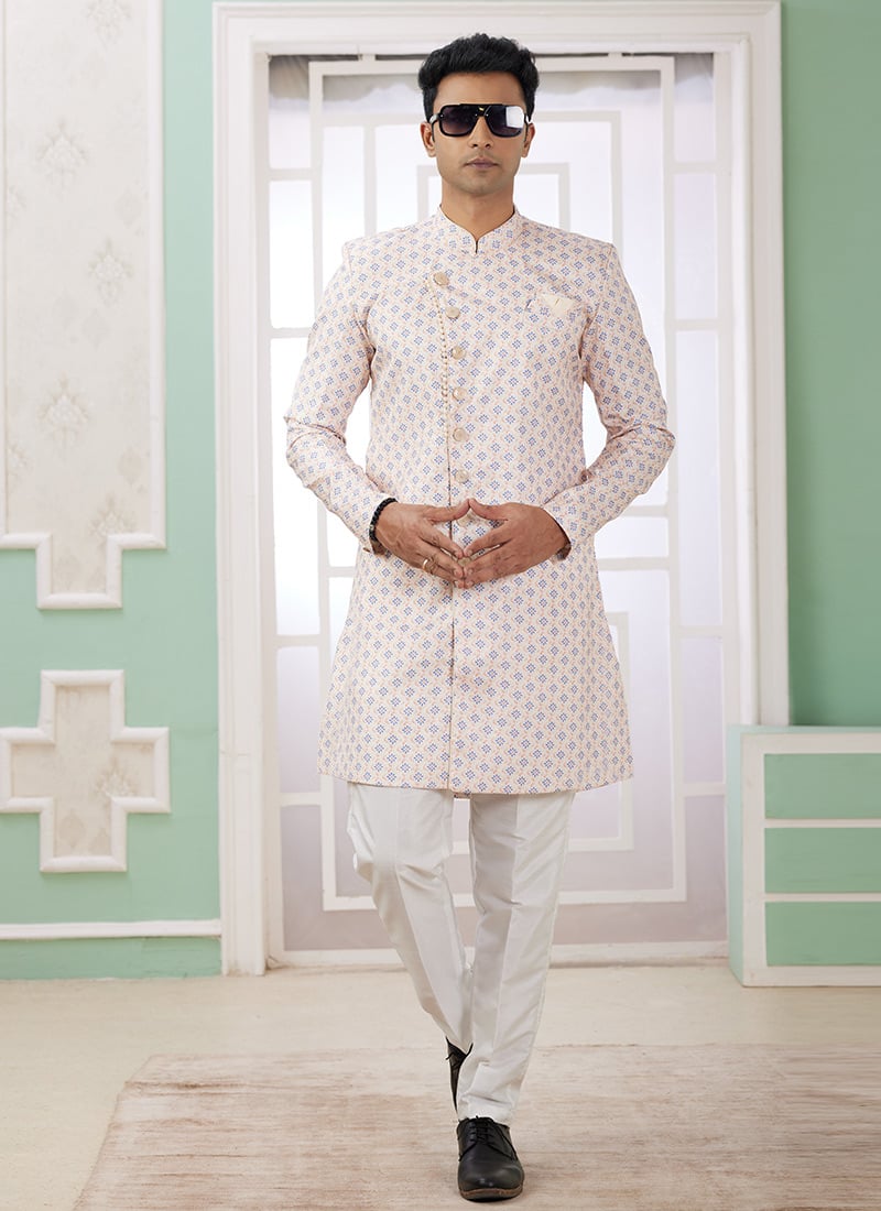 Cream Banarasi Jacquard Digital Print Indowestern Sherwani Festive Wear