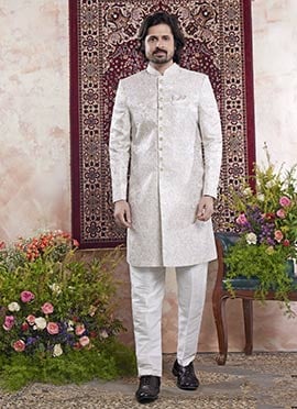 Cream Banarasi Jacquard Indowestern Sherwani