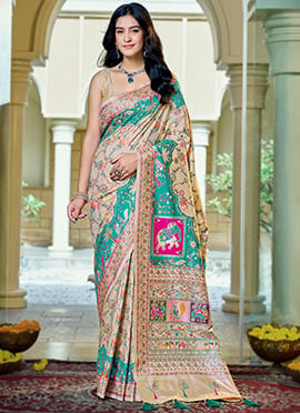 Cream Banarasi Satin Silk Elegant Zari Woven Saree
