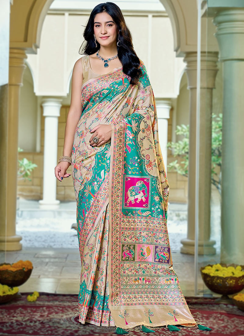 Cream Banarasi Satin Silk Elegant Zari Woven Saree Festive Wear