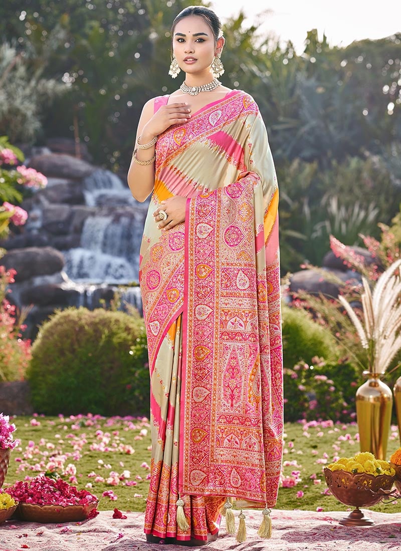 Cream Banarasi Satin Silk Zari Woven Saree Festive Wear