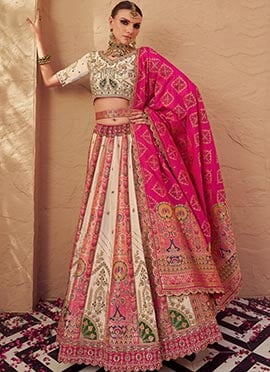 Cream Banarasi Silk Cutdana Zarkan Stones Umbrella Lehenga