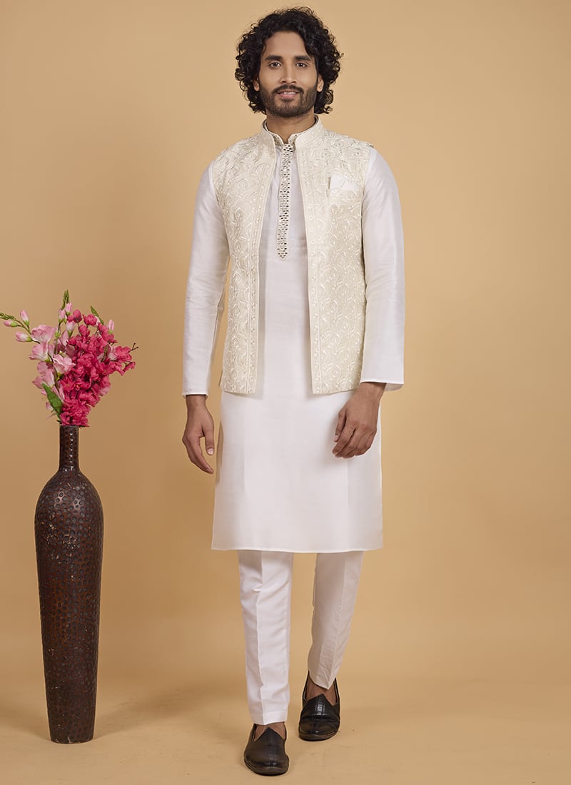 Cream Banarasi Silk Embroidered Sequins Bandi Set Festive Wear