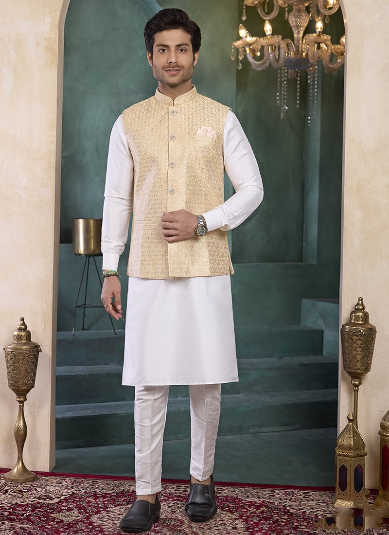 Cream Banarasi Silk Embroidered Sequins Bandi Set Festive Wear