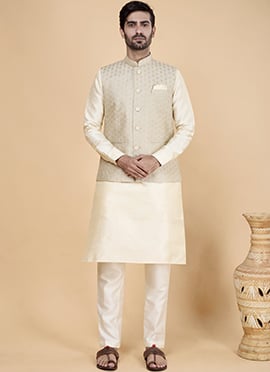 Cream Banarasi Silk Embroidered Sequins Bandi Set