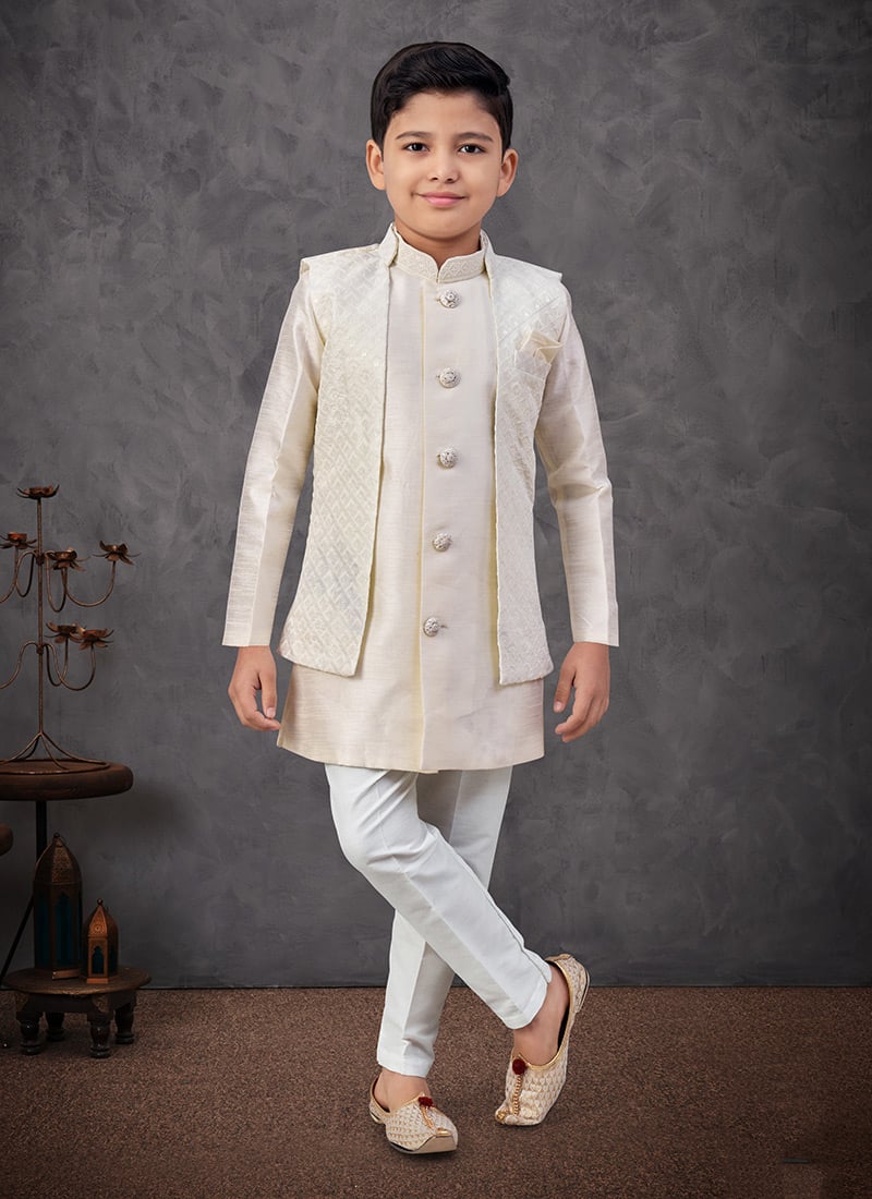 Cream Banarasi Silk Embroidered Sequins Boys Indowestern Sherwani Wedding Wear