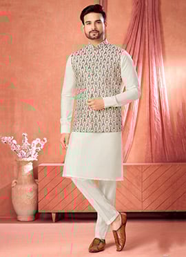 Cream Banarasi Silk Embroidered Sequins Thread Bandi Set