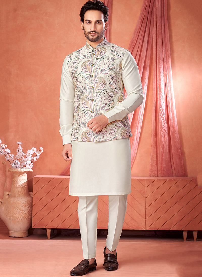 Cream Banarasi Silk Embroidered Sequins Thread Bandi Set Festive Wear