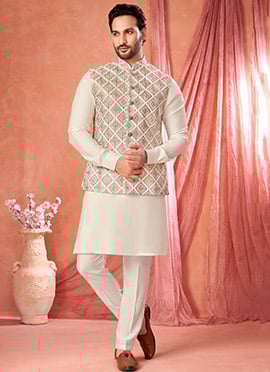 Cream Banarasi Silk Embroidered Sequins Thread Bandi Set